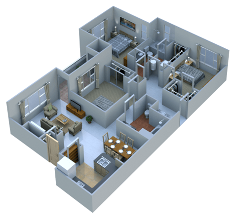 Floor plan for 3 beds, 2 baths, 1402 sqft